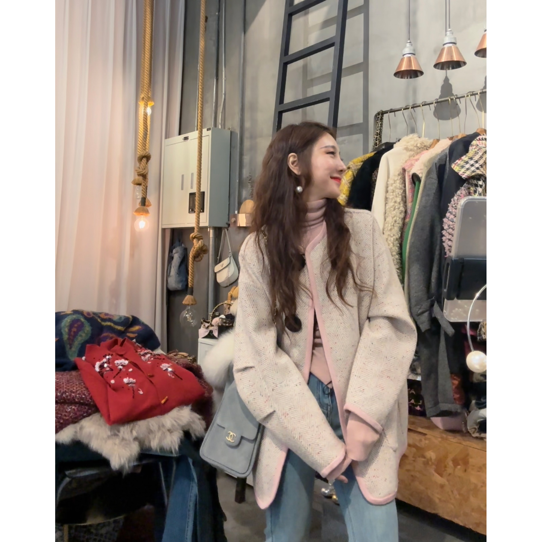 S41216854素拉那里 白鹅绒韩系设计感彩点可拆卸羊毛大衣羽绒服