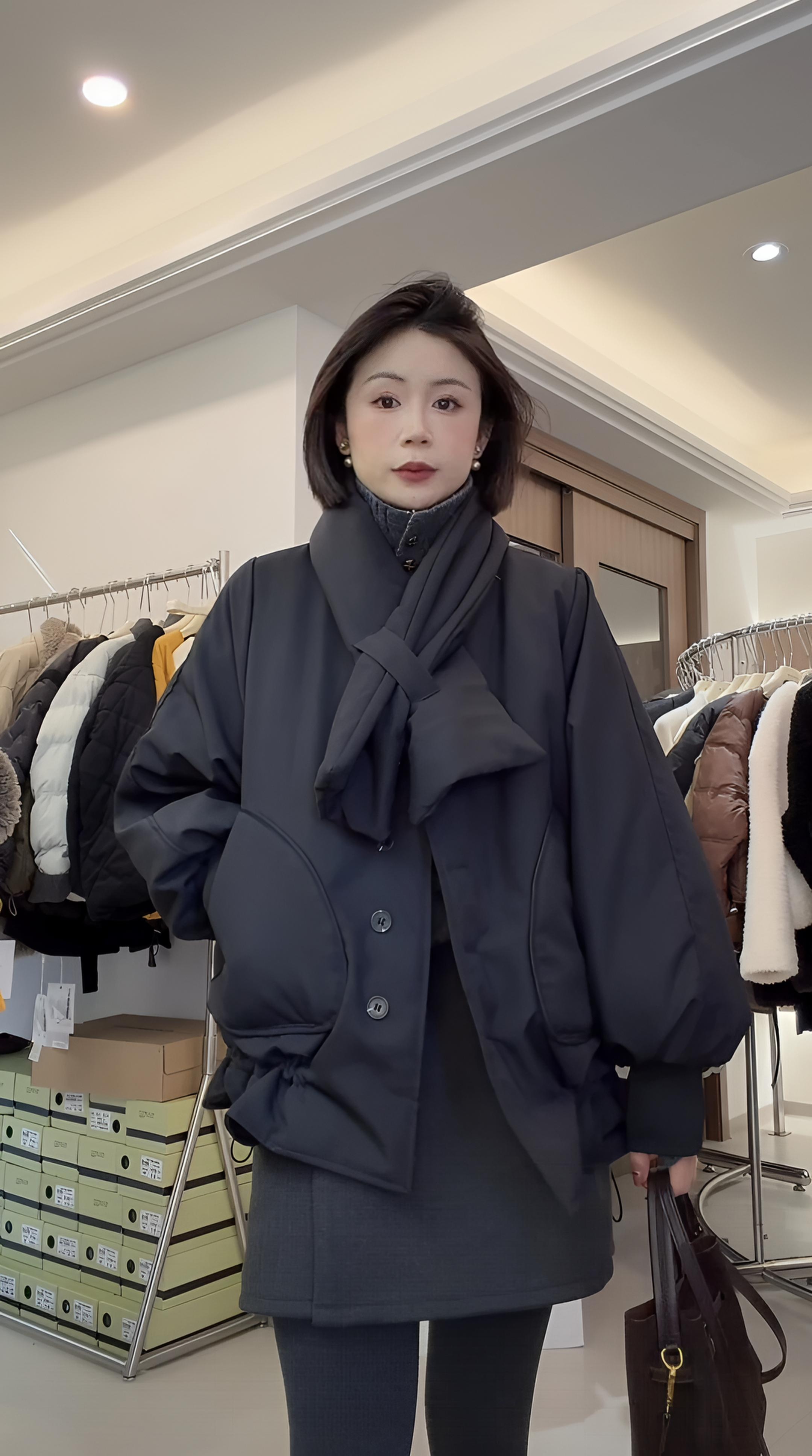 【峰丽】石墨烯云绒围巾款派克服休闲收腰显瘦保暖外套女