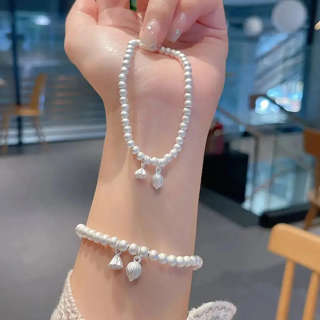 纯银两世欢银手链女款999莲蓬转运珠足银手绳情人节礼物非遗