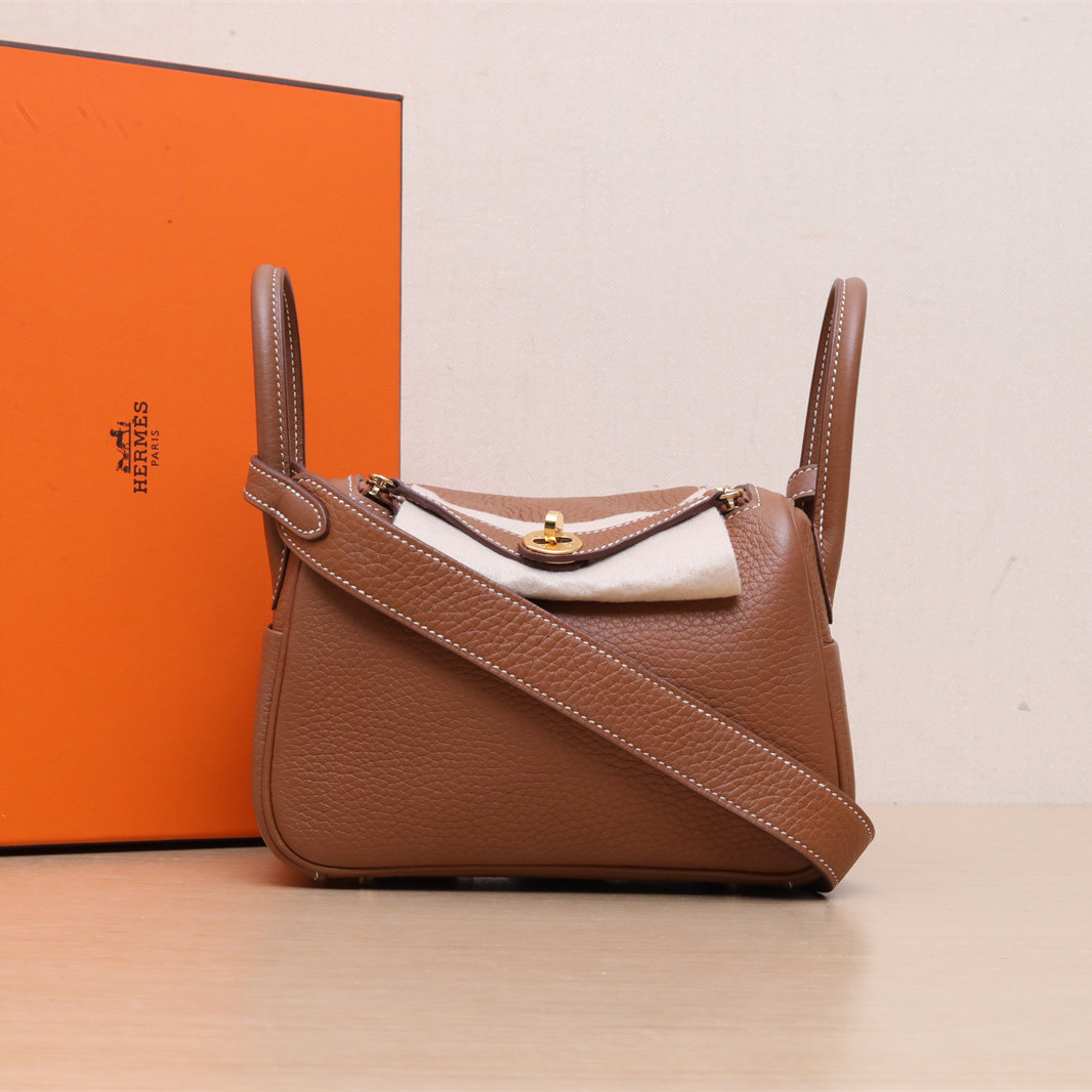 99新 Hermes/爱马仕 小花6欢 Lindy Mini 37金棕色 TC皮 W刻 金扣