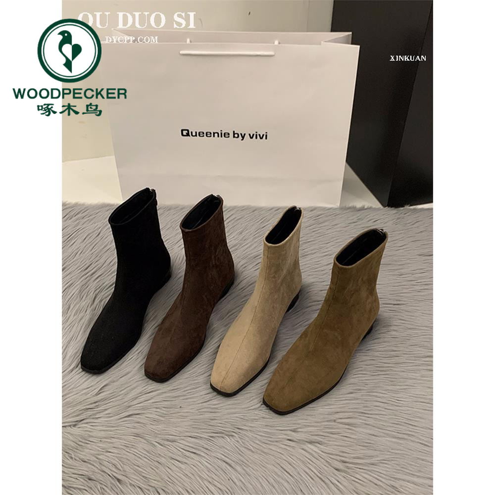 啄木鸟粗跟绒面韩系小踝靴加绒2025新款秋冬厚底马丁靴瘦瘦短靴子