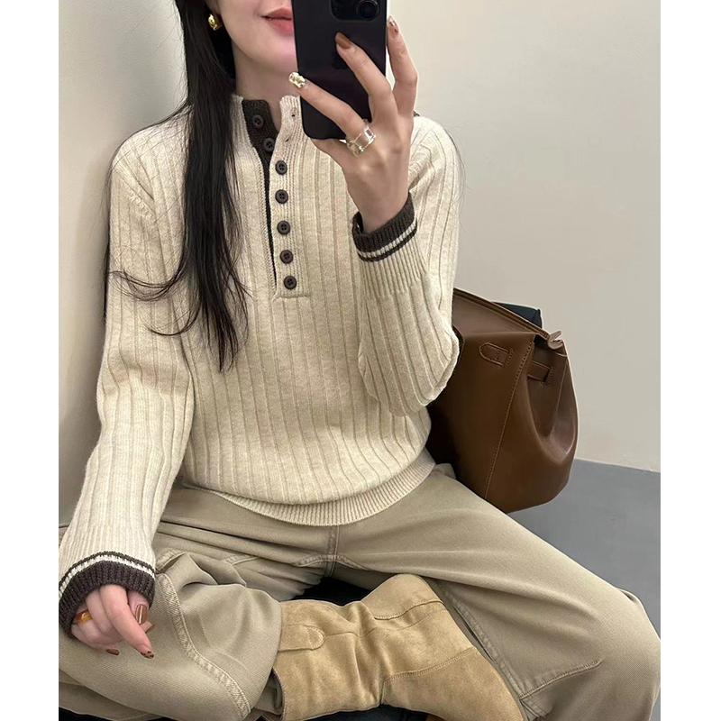 半高领毛衣女套头秋冬新款时尚洋气宽松针织打底衫纽扣上衣加厚
