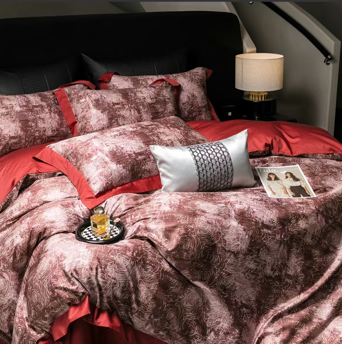 老宋精选-全棉四季款【玫瑰香金-红】数码印花工艺 轻奢四件套-1585