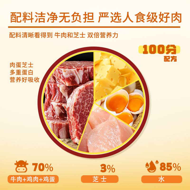 妮吖牛肉芝士百分猫条配料清晰看得到 牛肉和芝士 双倍营养力
