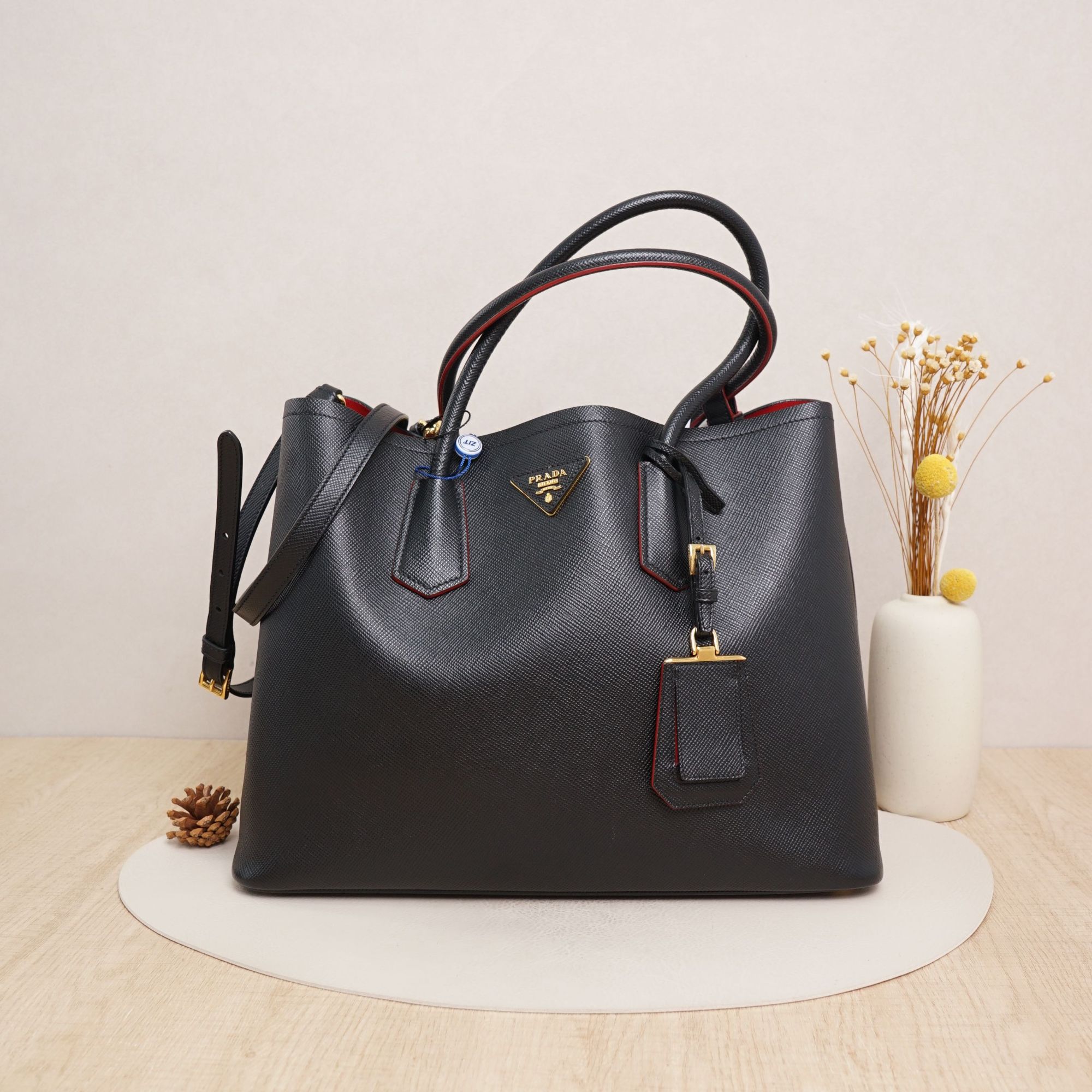 95新 Prada/普拉达 普拉达double手提包大号黑金牛皮/DS038366