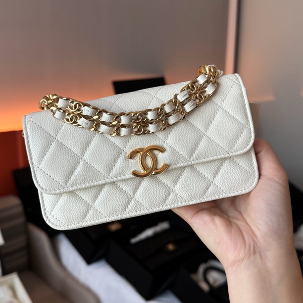 99新 Chanel/香奈儿 元旦盛典 22K 白金荔枝牛双链条woc mini斜挎