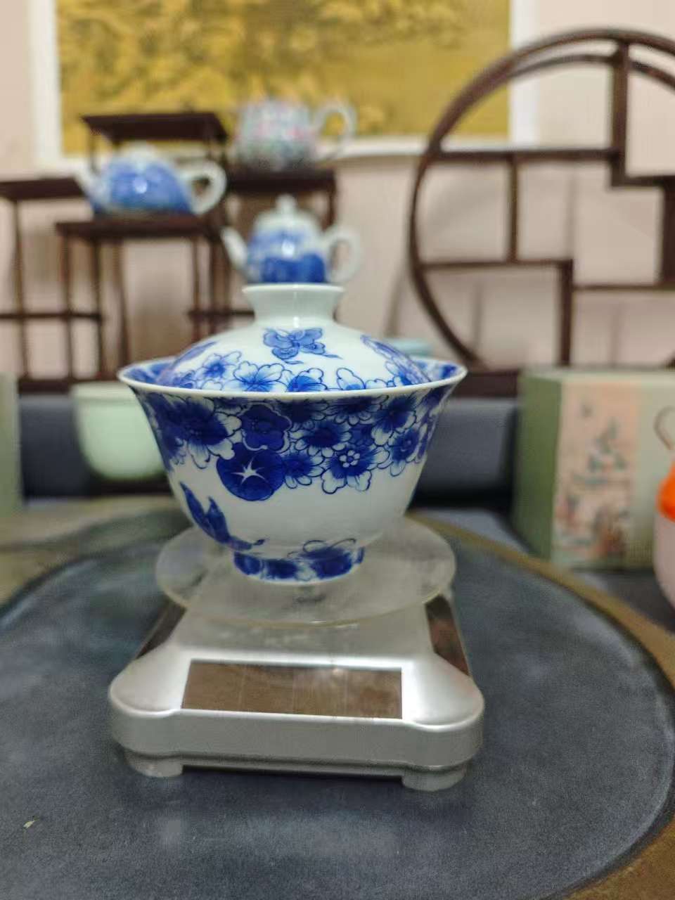 复古青花缠枝莲大容量悬停三才盖碗羊脂玉白瓷泡茶碗