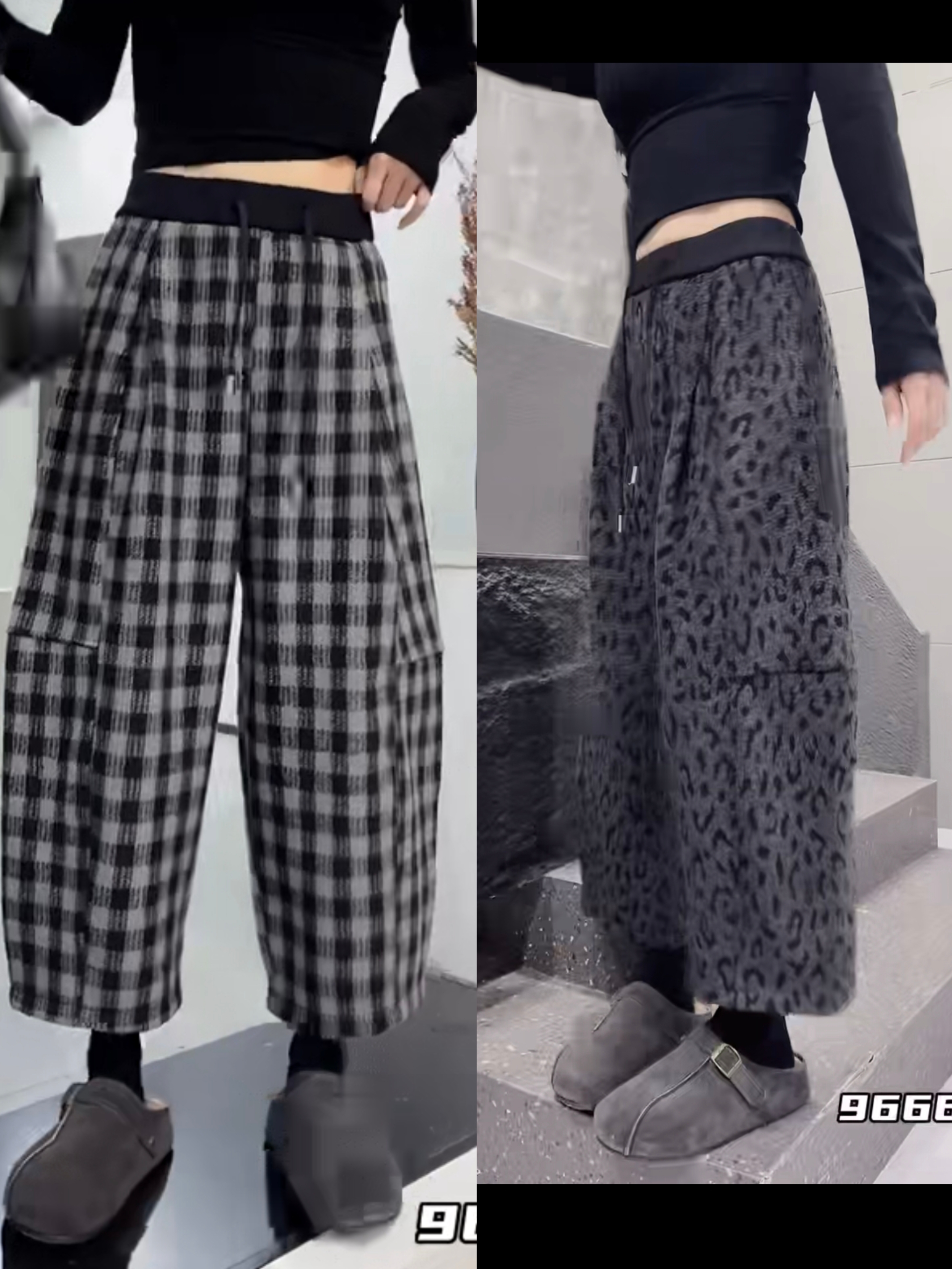 时尚欧版加绒加厚复古格子高腰显瘦百搭休闲阔腿奶奶裤女9666