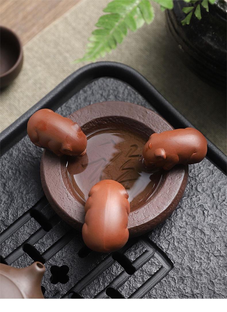 紫砂三小猪陪水茶座茶盘柜子桌面摆件