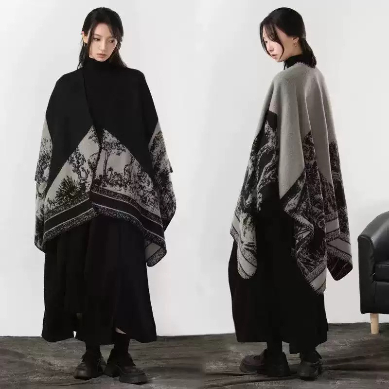 厚款披肩秋冬中式防风外搭斗篷保暖极简风复工仿羊绒双面外搭