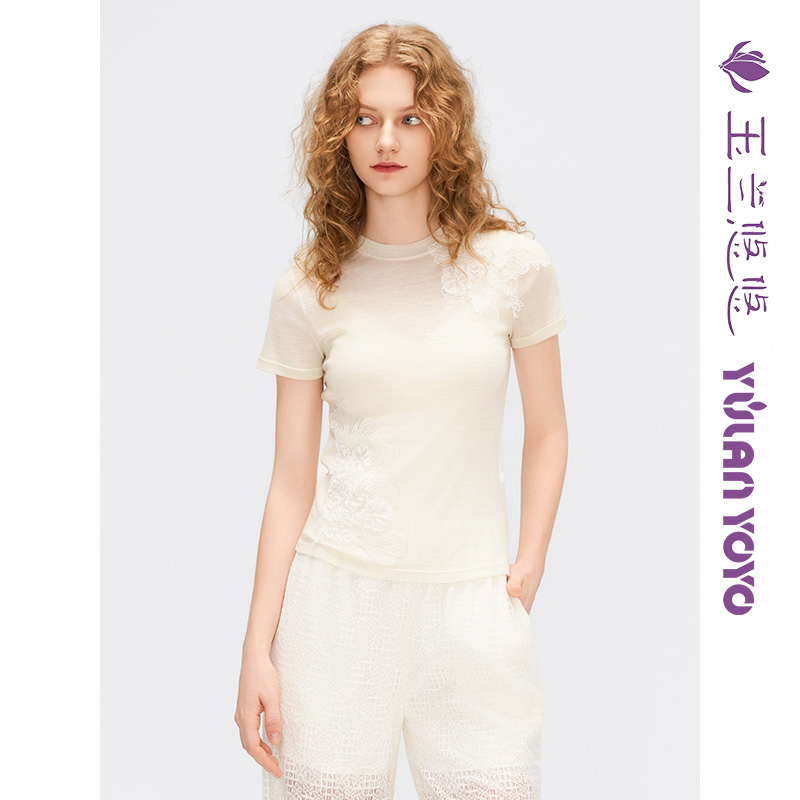 玉兰悠悠2025新款夏"维纳斯的晨纱"圆领蕾丝T恤白色圆领正肩短袖