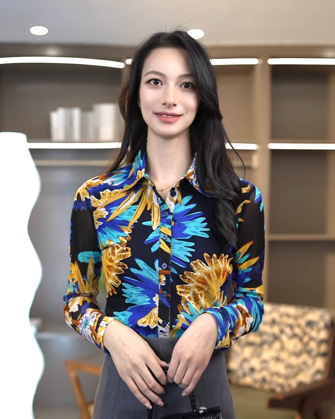 [专柜]2025春秋新款百搭修身网纱印花长袖衬衫1300782