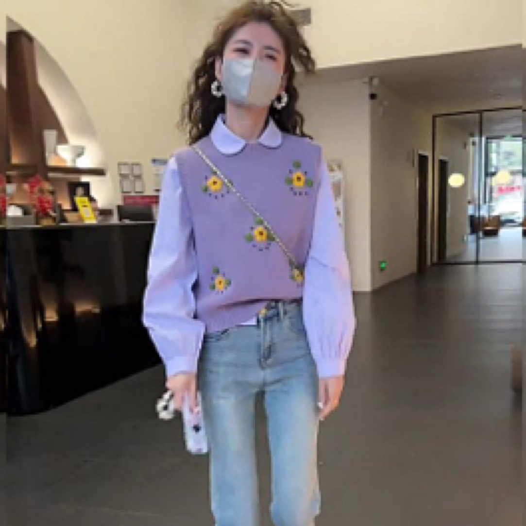 新品圆领领春秋针织马甲女短款显瘦纯色花朵外穿毛衣背心洋气坎肩