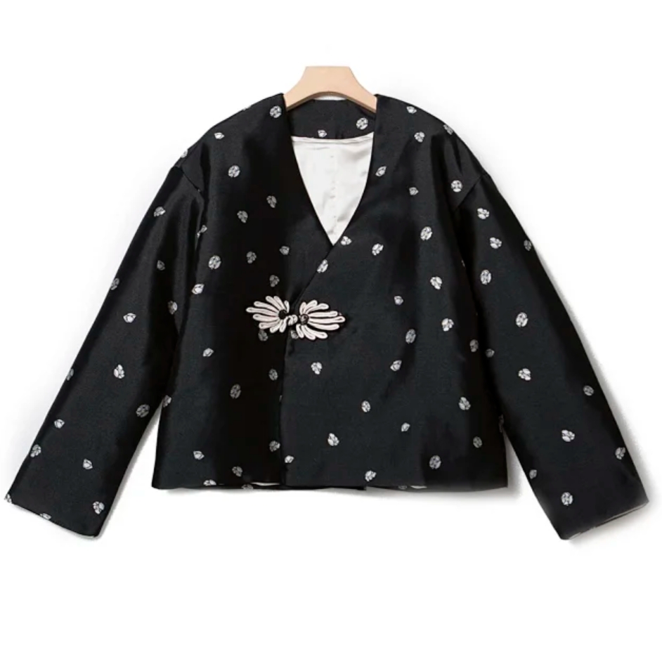 【NA家】百搭V领外套长款时尚休闲V字领薄款提花女士宽松