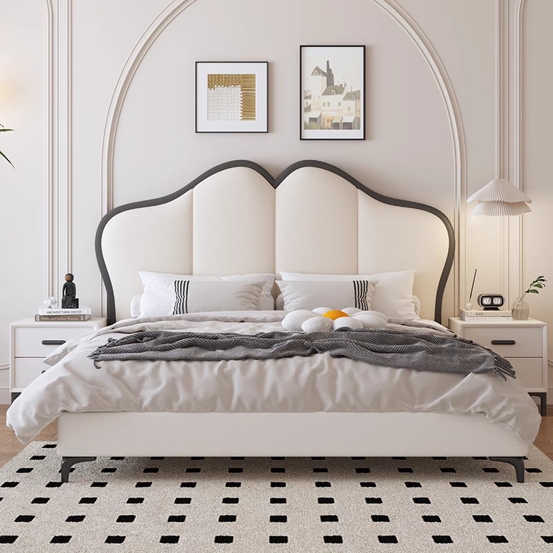 法式复古奶油风真皮床现代简约皮艺软包婚床轻奢1米8主卧双人大床