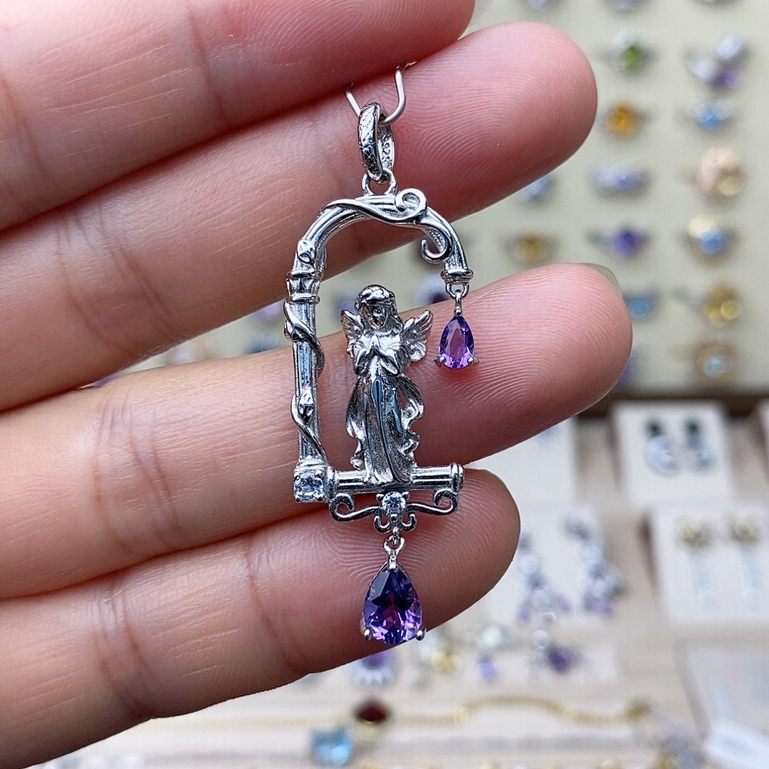 紫晶吊坠(不含链)银S925镶嵌一物一证