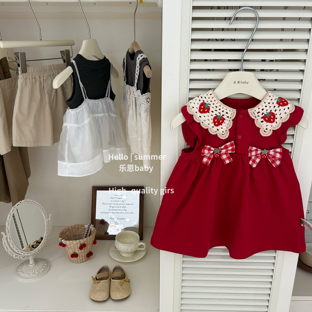 【乐恩baby】女宝宝礼服夏季连衣裙蝴蝶结红色草莓背心裙女童裙子