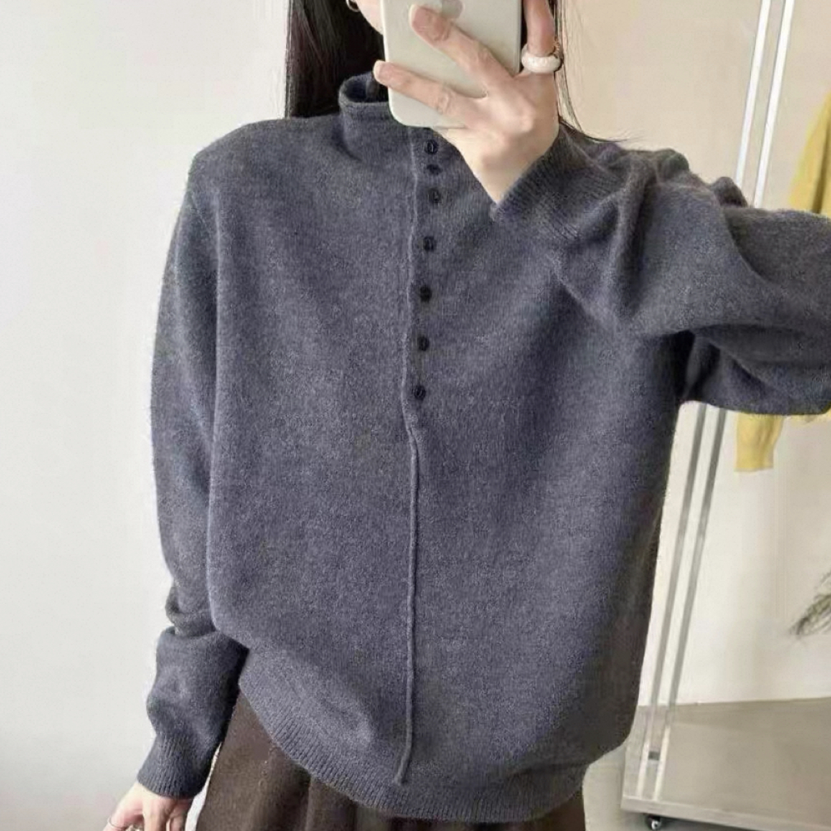 秋季新款 糯叽叽宽松半高领开扣毛衣 衣长60 胸围有弹力