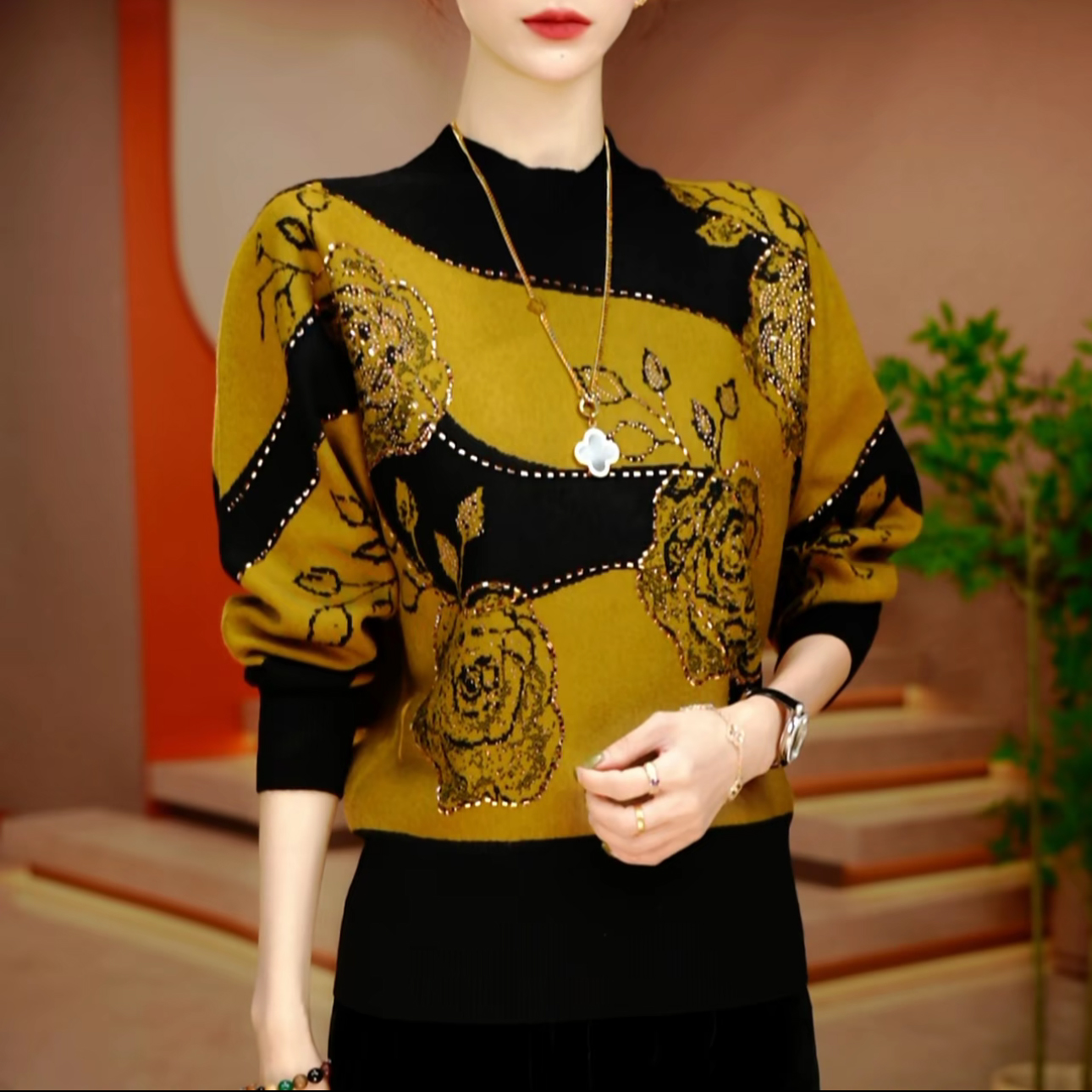 高端烫钻时尚提花圆领毛衣女士长袖百搭宽松针织衫套头针织衫上衣