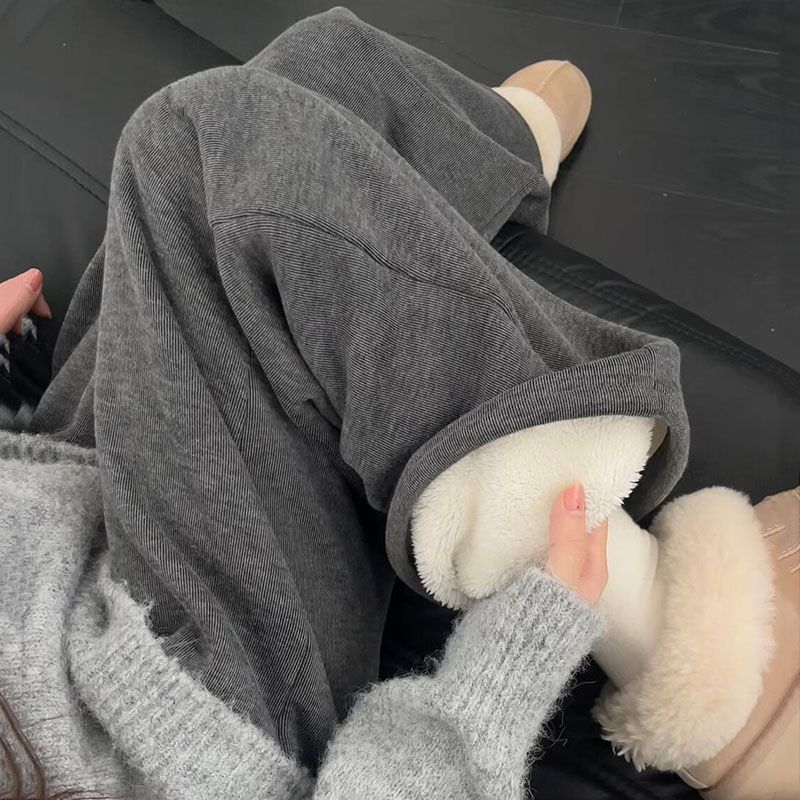 大码加绒加厚糯米阔腿裤女秋冬300斤胖mm外穿保暖显瘦垂感休闲裤