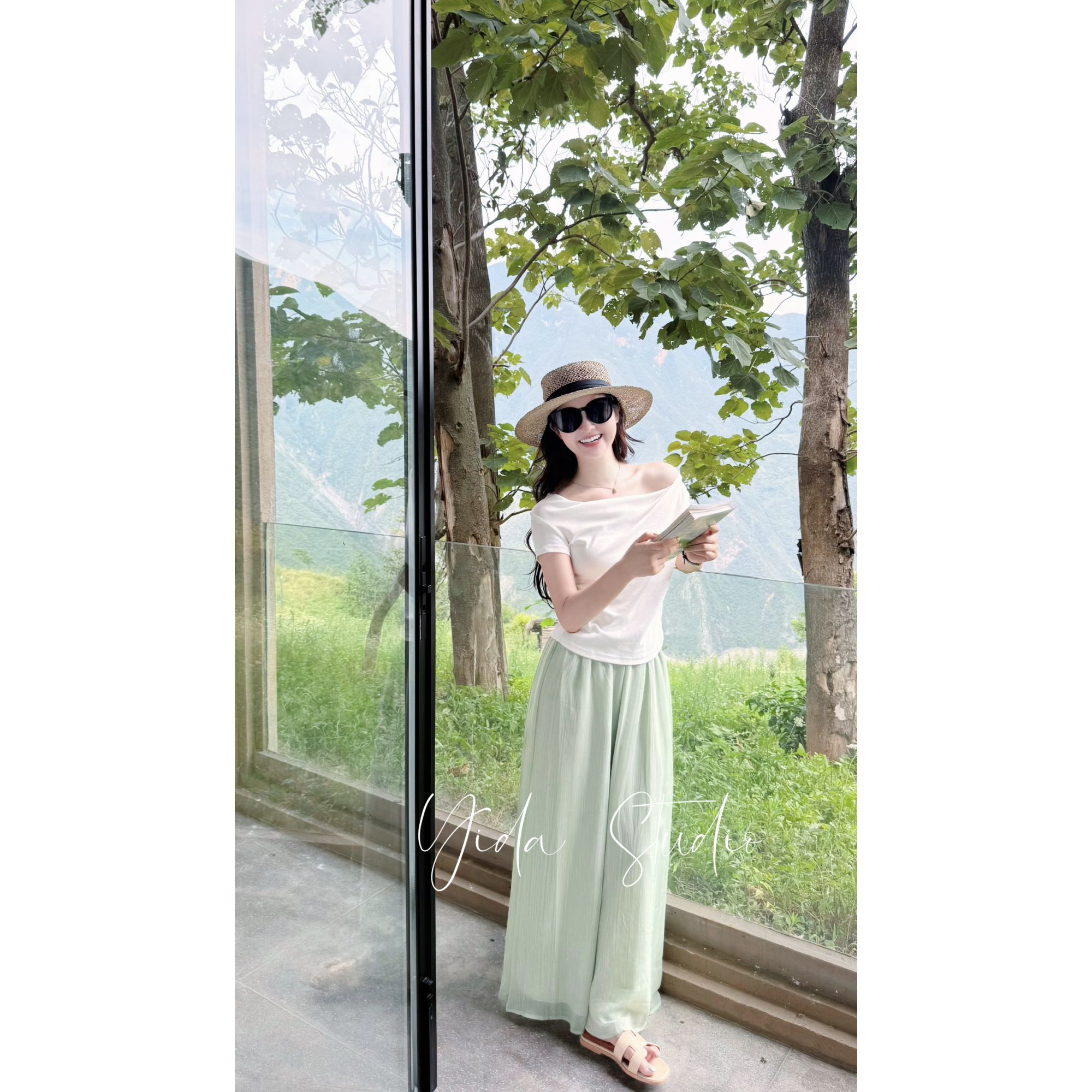 YIDA【薄荷晨屿】浅绿色高腰显瘦松紧腰半身裙