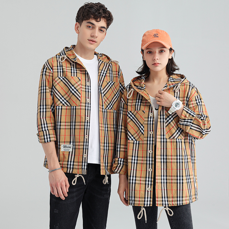 Mexican/稻草人2025新款长袖格子衬衣外套时尚经典格纹连帽衬衫