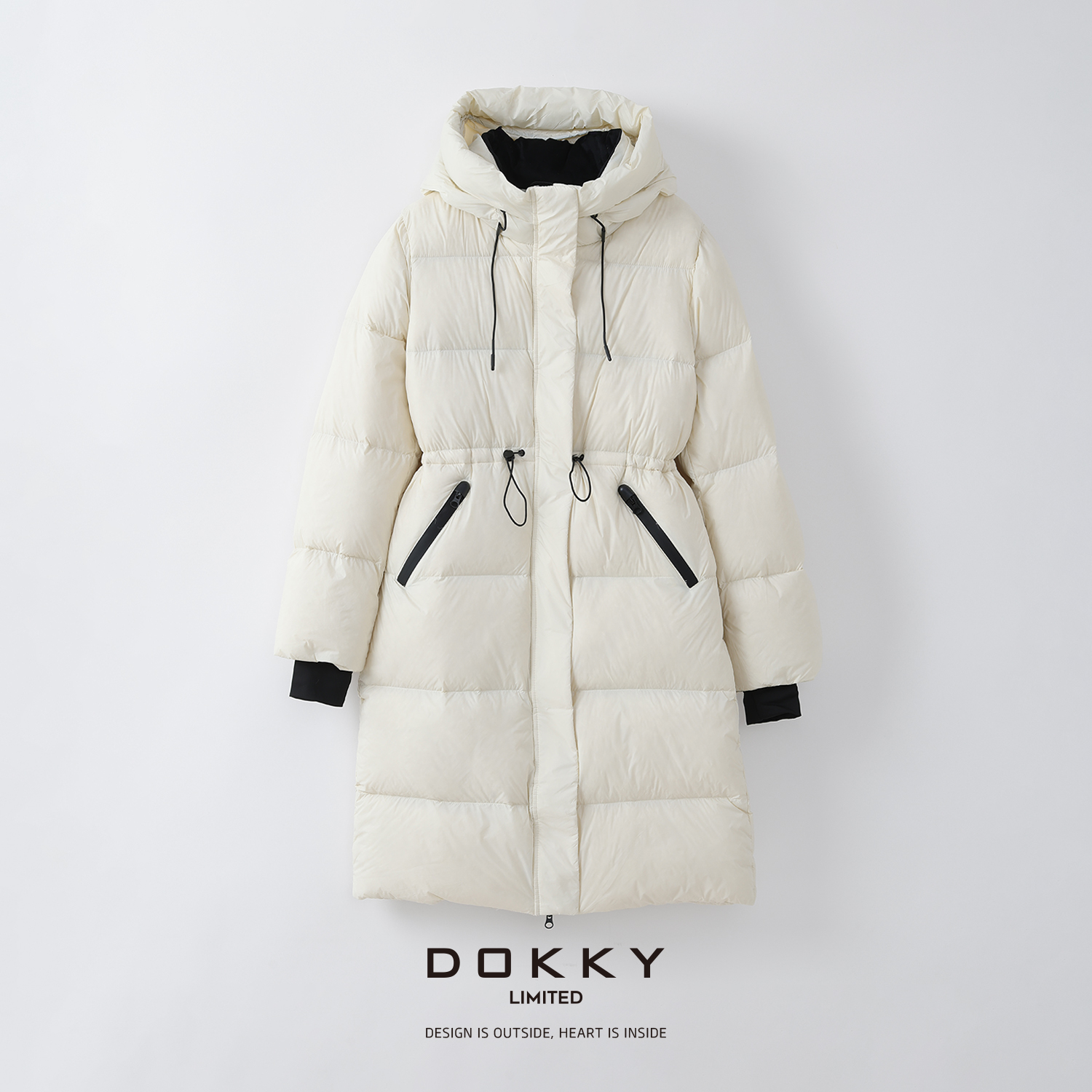 Dokky「冰川D0430」防泼水.压胶拉链.收腰显瘦.中长款连帽羽绒服