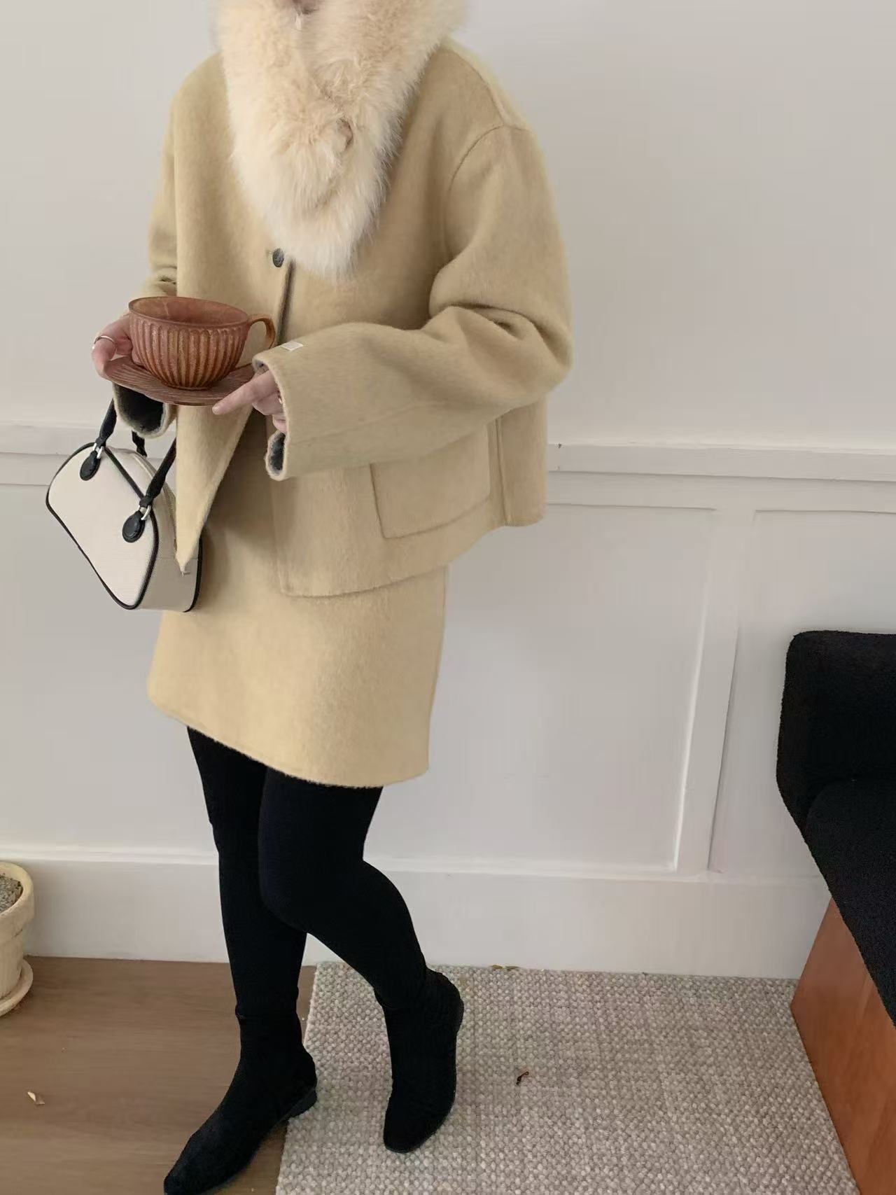 复古娃娃领套装大衣百搭保暖毛呢外套透气秋冬