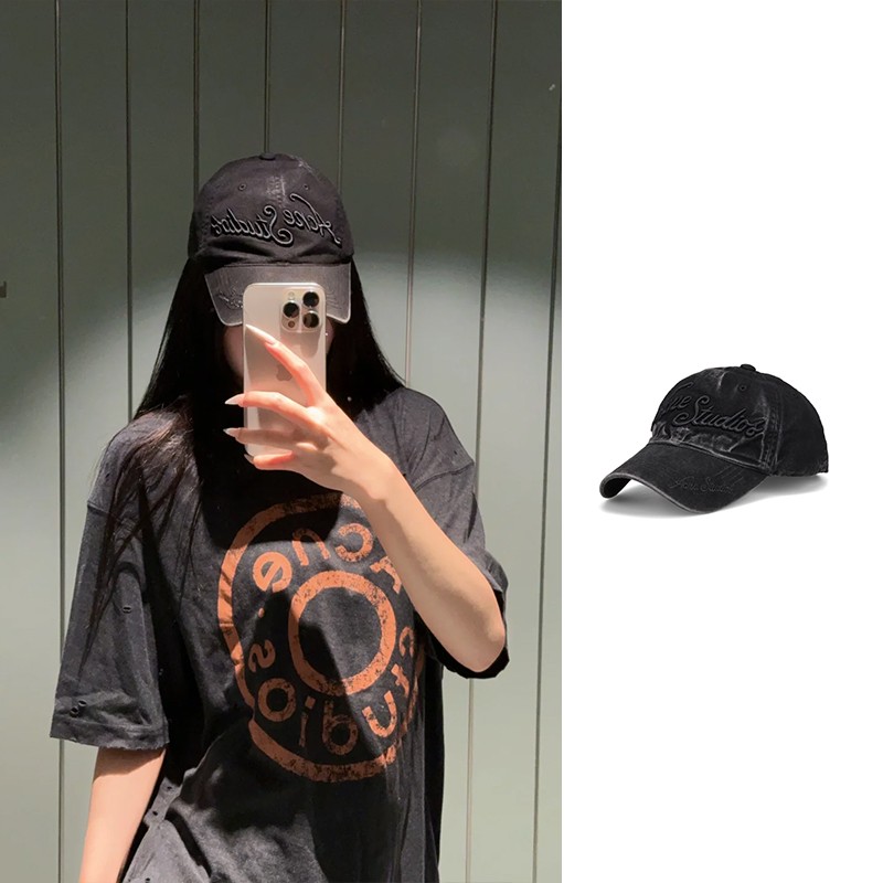 未使用 Acne studio  黑色做旧刺绣字幕棒球帽 C40416-900