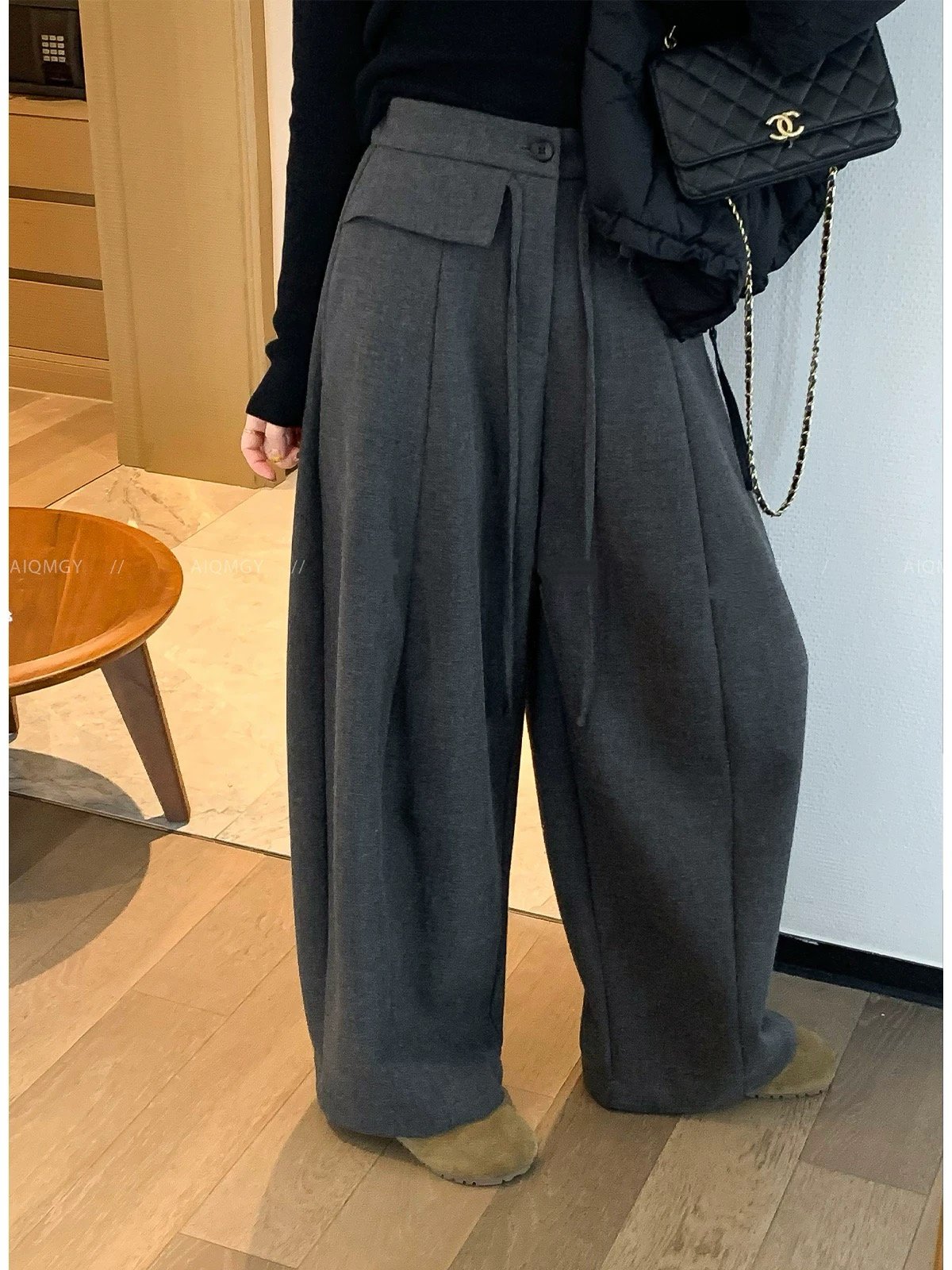 【在在at at】抽绳毛呢西装阔腿裤女加绒加厚高腰宽松直筒裤休闲裤