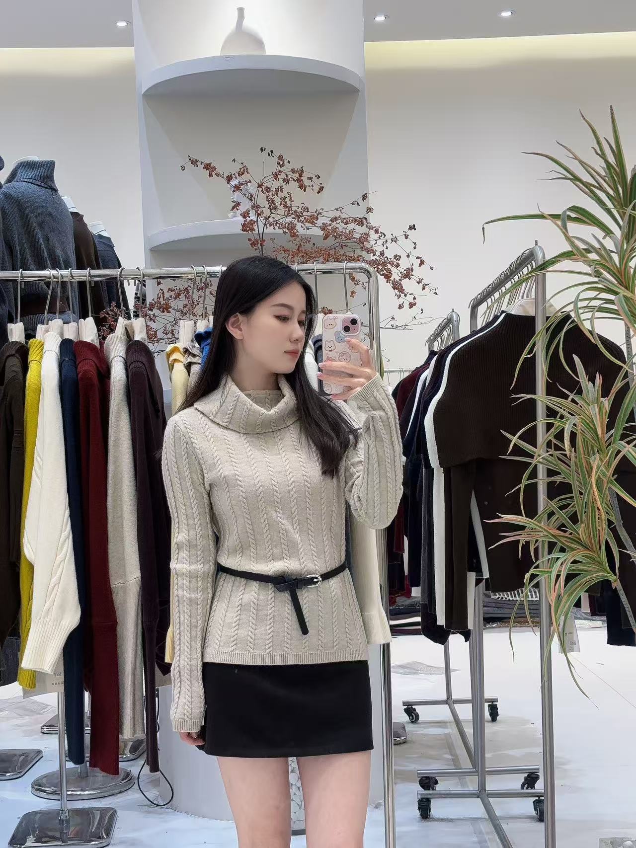 韩系简约绞麻花高领长袖针织衫(配腰带)