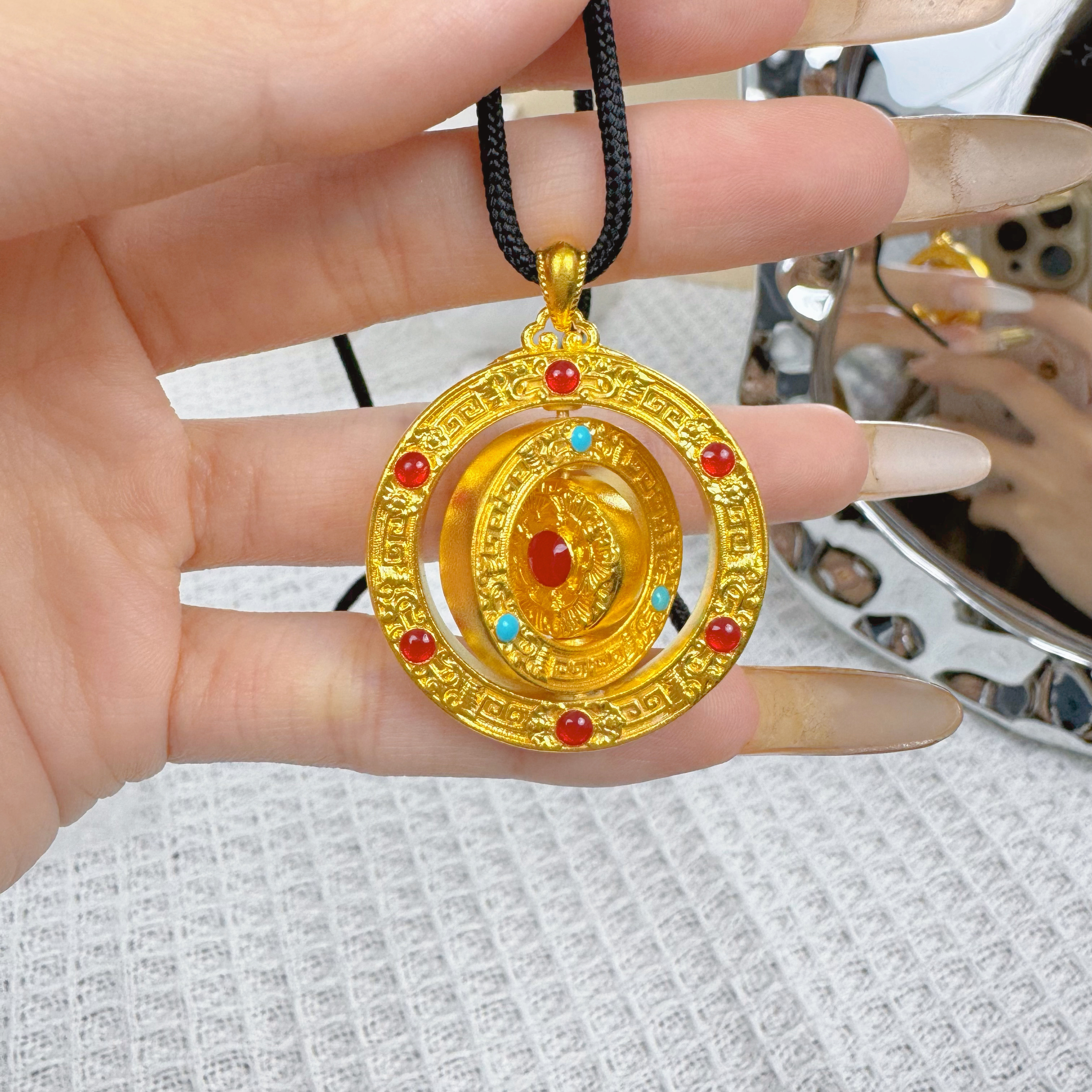 吊坠足银 新中式福气满满珐琅旋转八宝罗盘编绳时尚圆盘吊坠精美