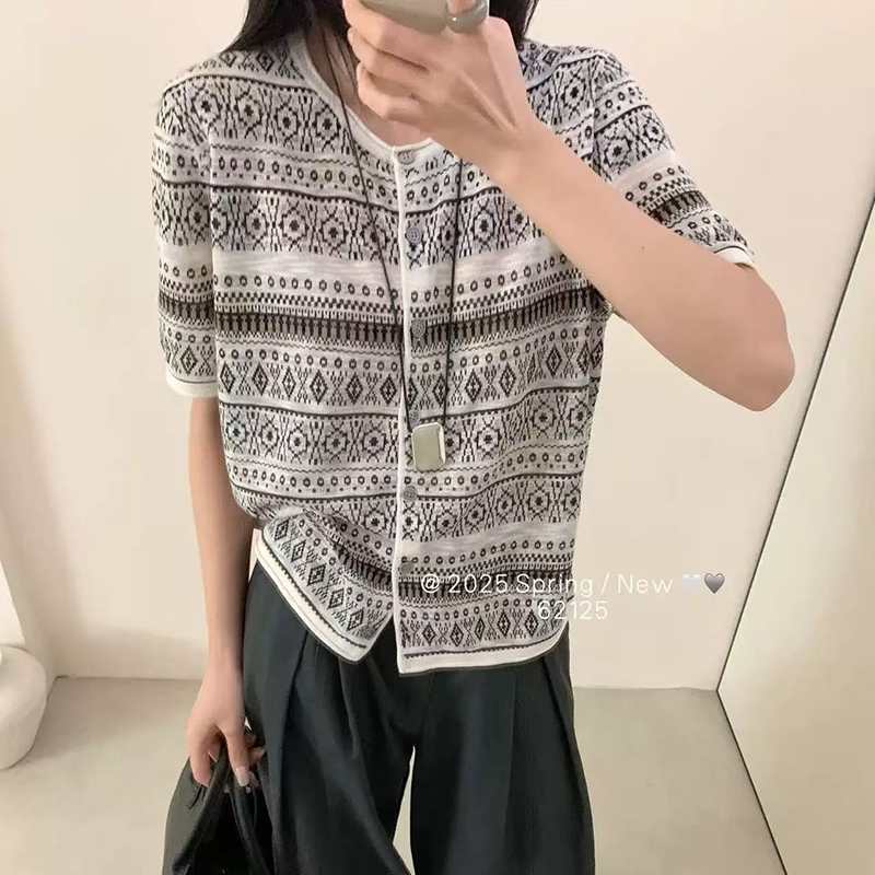 青花瓷」超冰爽~夏季竹节亚麻复古圆领短袖针织薄款百搭上衣-2679