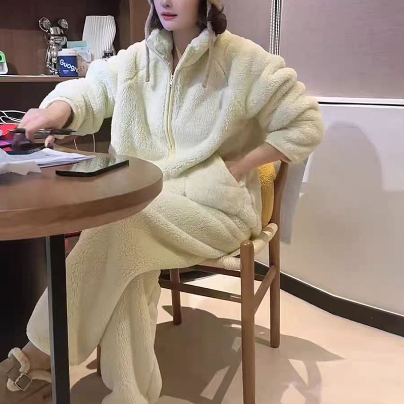 秋冬舒棉绒睡衣拉链立领纯色气质居家暖气房保暖加厚长袖睡衣3011