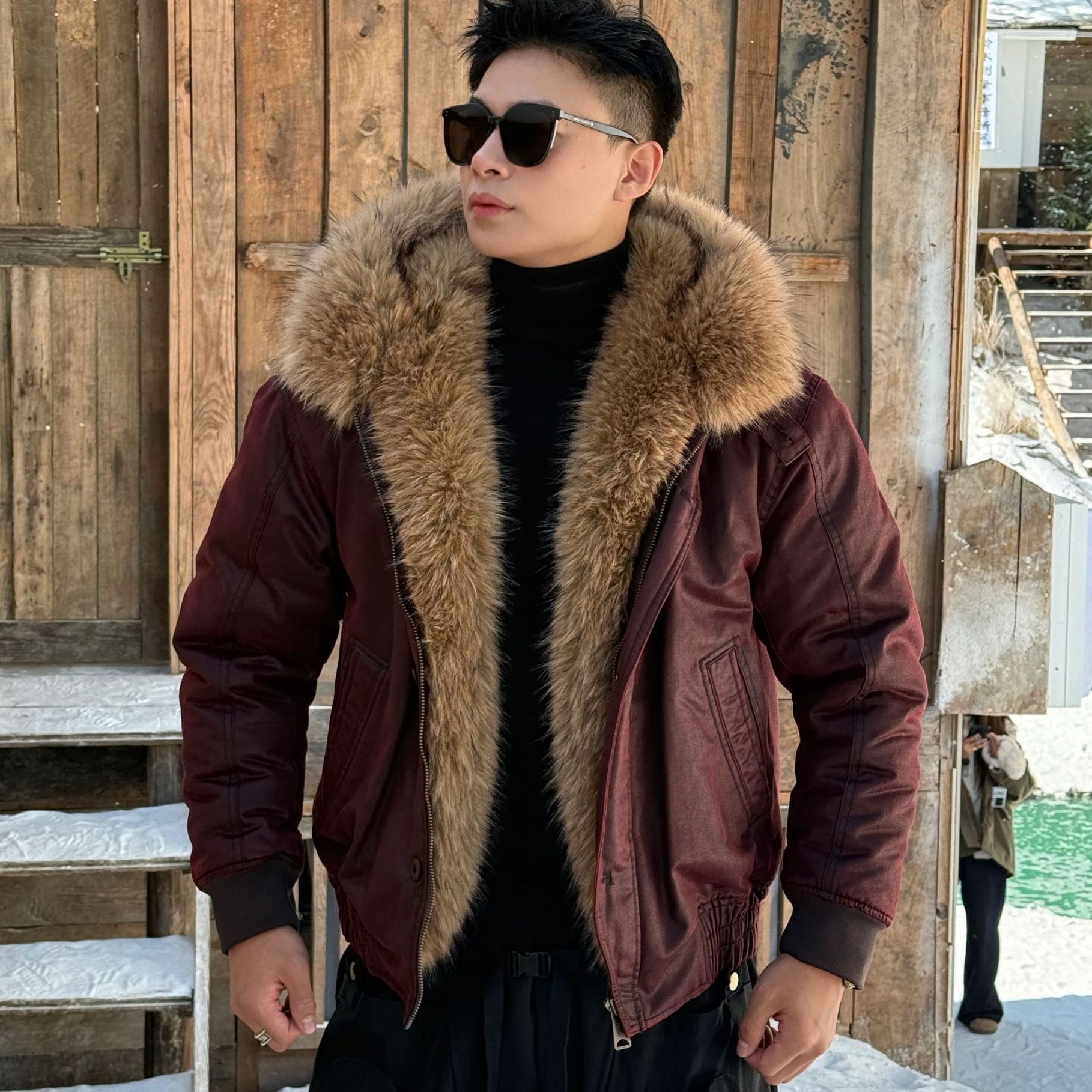 2025H·K美狮潮牌冬季蜡染做旧座山雕复古毛领棉衣外套夹克