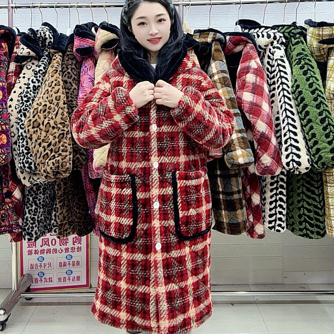 冬季新款仿兔毛绒三层加绒加厚连帽加长款舒适保暖居家棉衣棉服