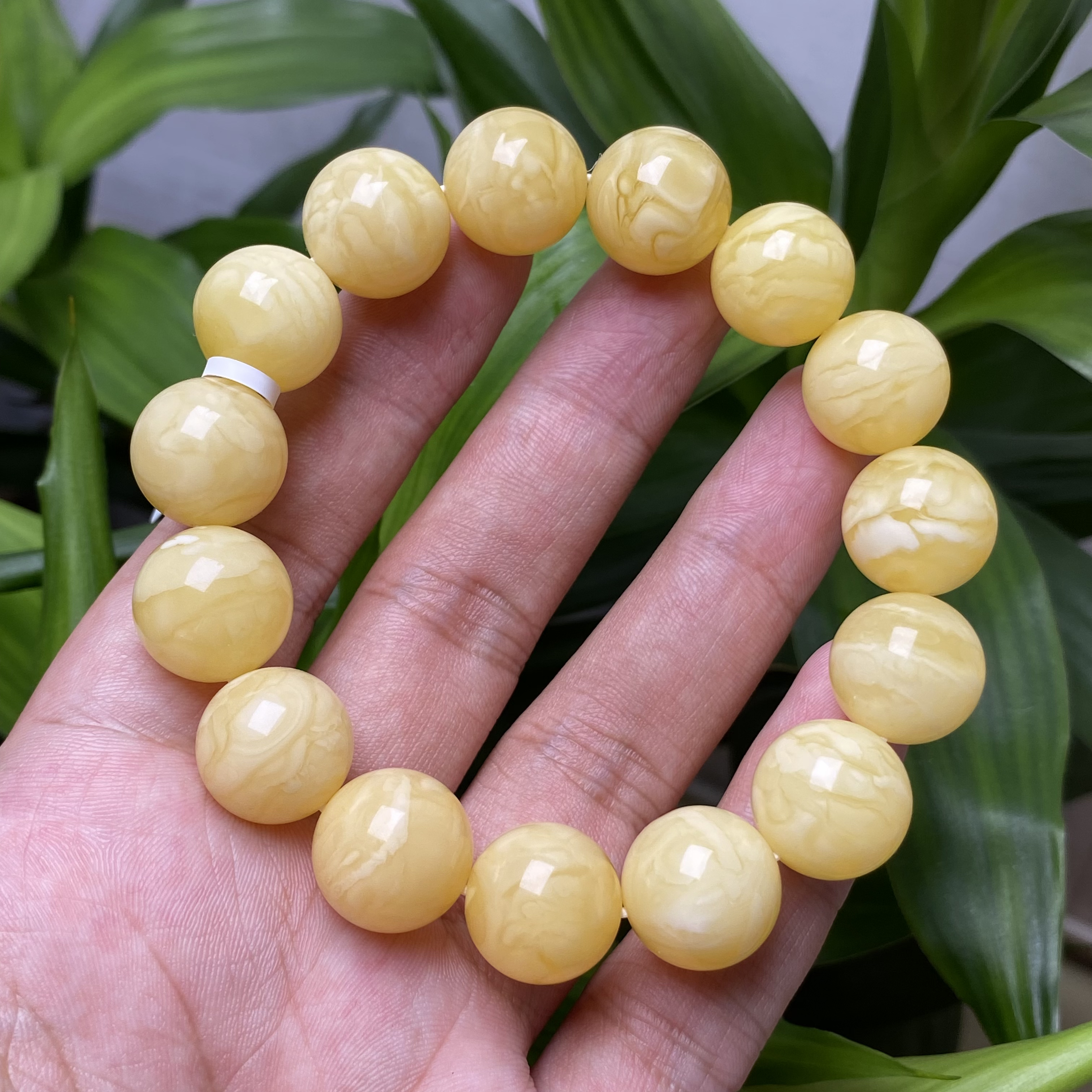14mm+俄料天然原矿妖花蜜蜡圆珠手串（基地质检带证书）