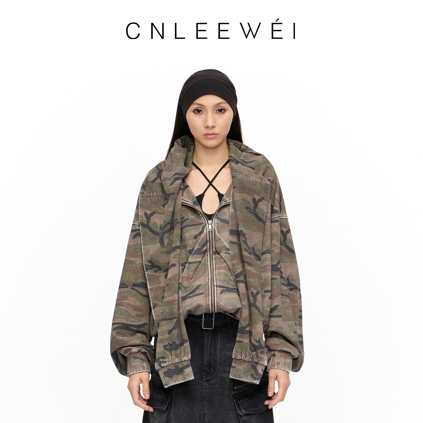 CNLEEWEI2025秋季新款小众设计迷彩水洗旧磨损卫衣外套