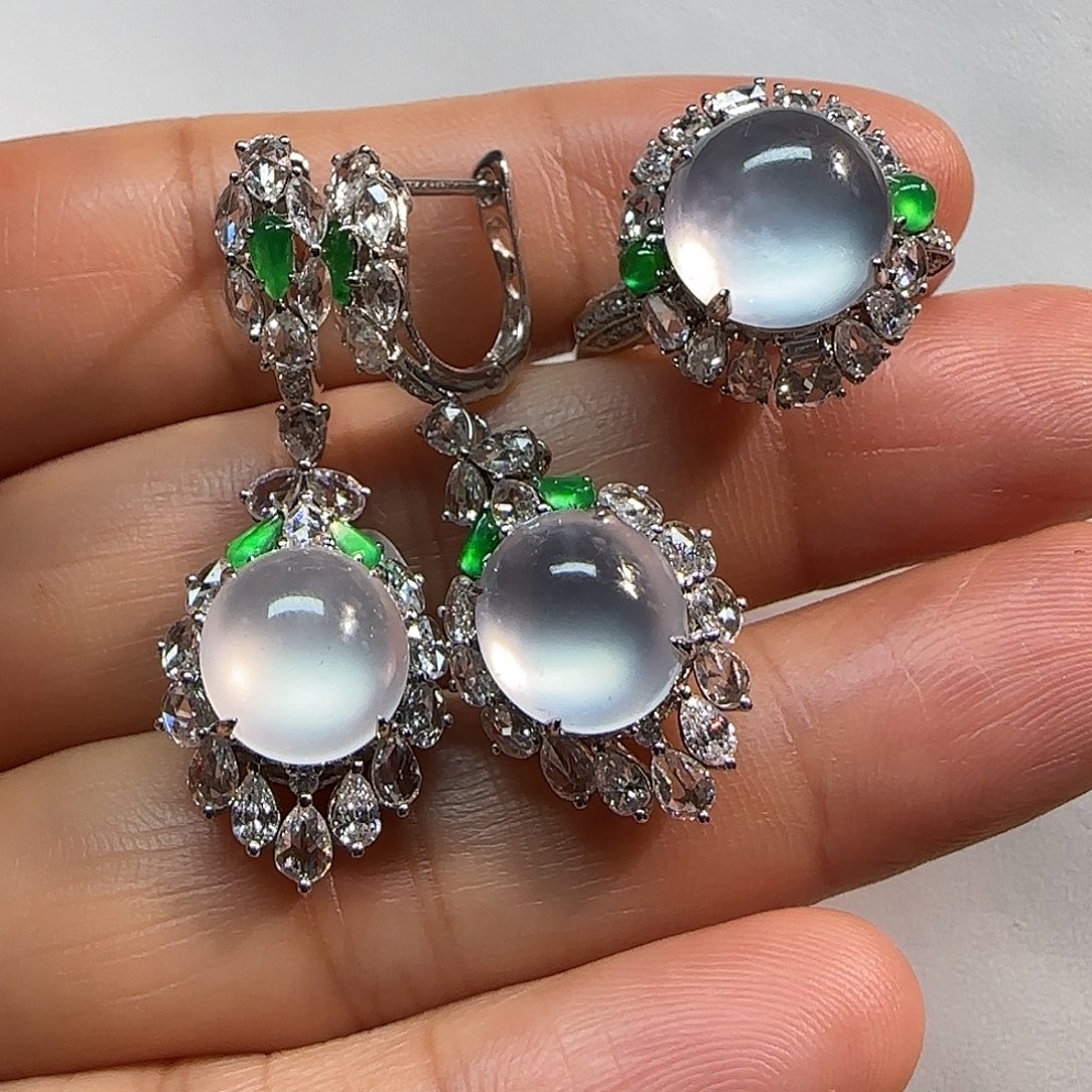 翡翠18K金镶嵌耳饰戒指耳耳坠一套