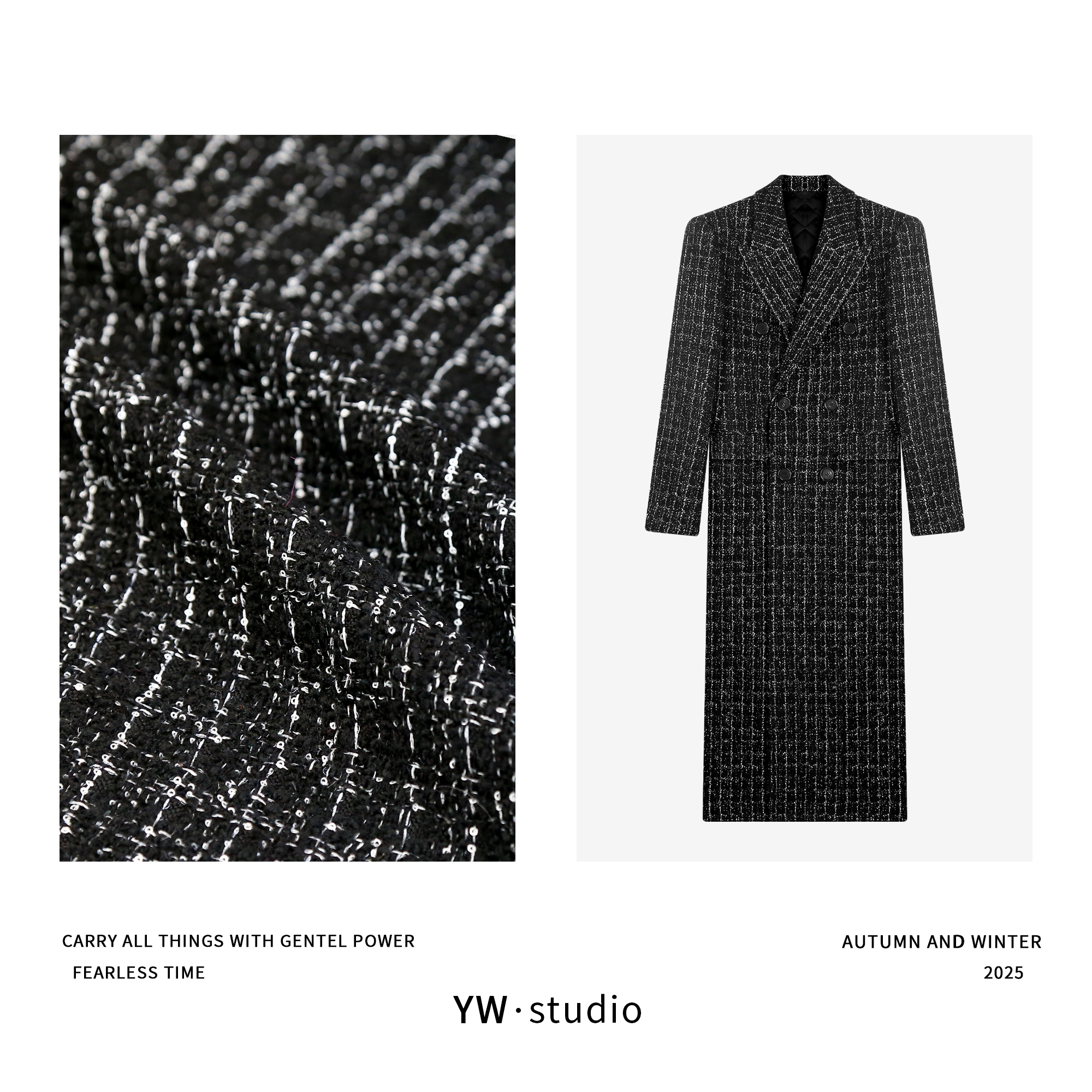 YUWEI/定制高智感黑粗花呢格65%羊毛+52.2%绵羊毛长大衣 CYPS2570