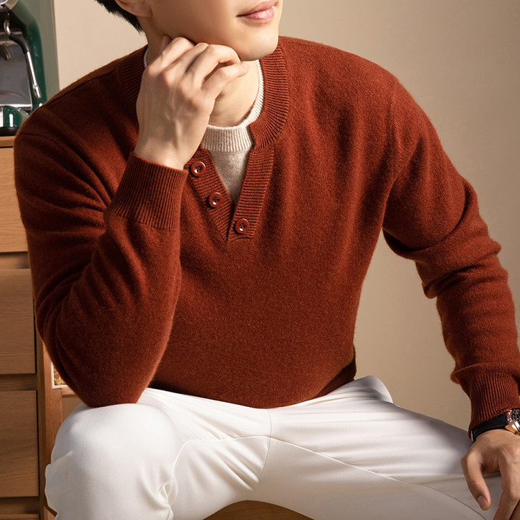 【20羊绒80羊毛】老钱新视觉秋冬新款假两件三粒扣圆领羊毛羊绒衫
