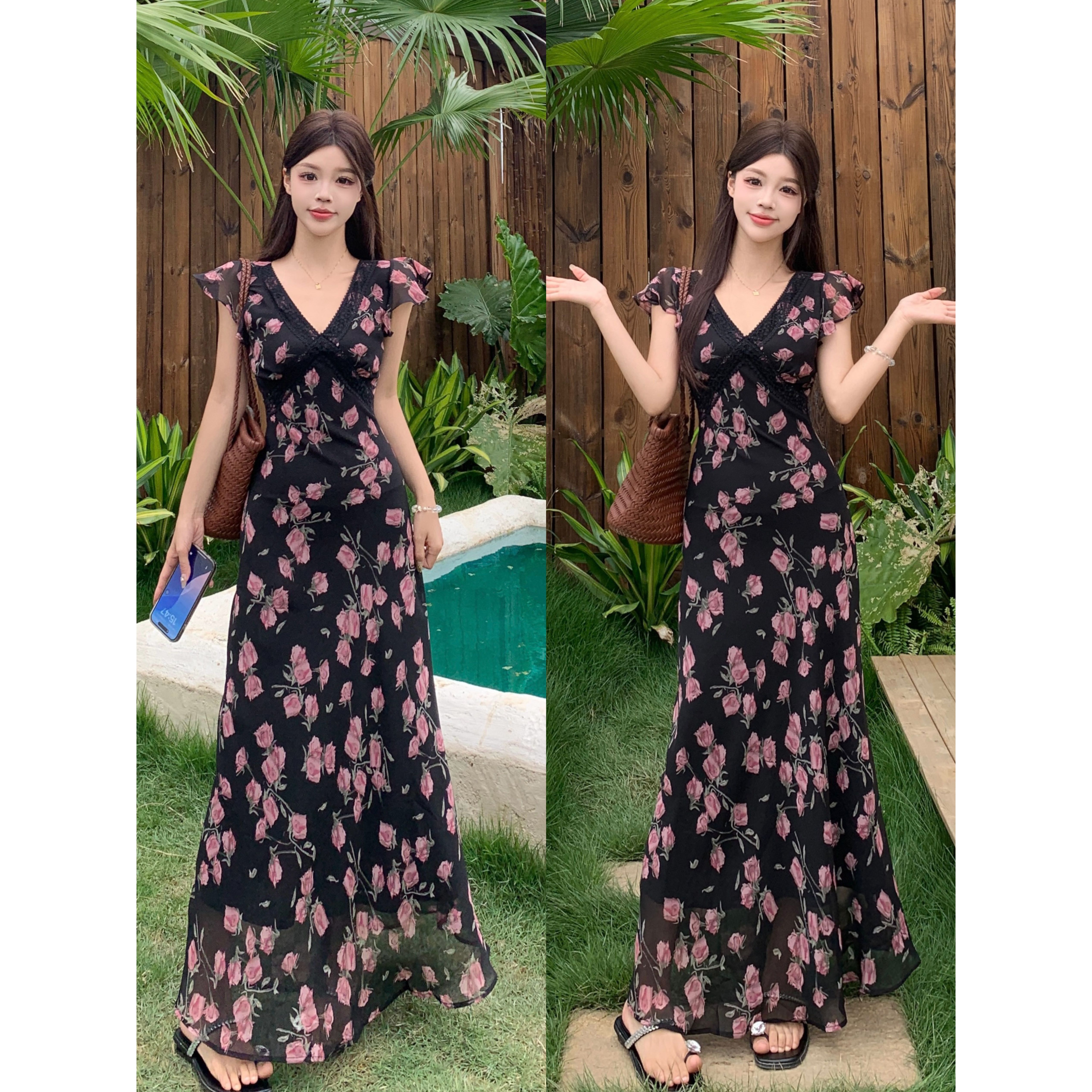 大码V领小飞袖碎花连衣裙女2025夏季法式绝美气质收腰黑色长裙女