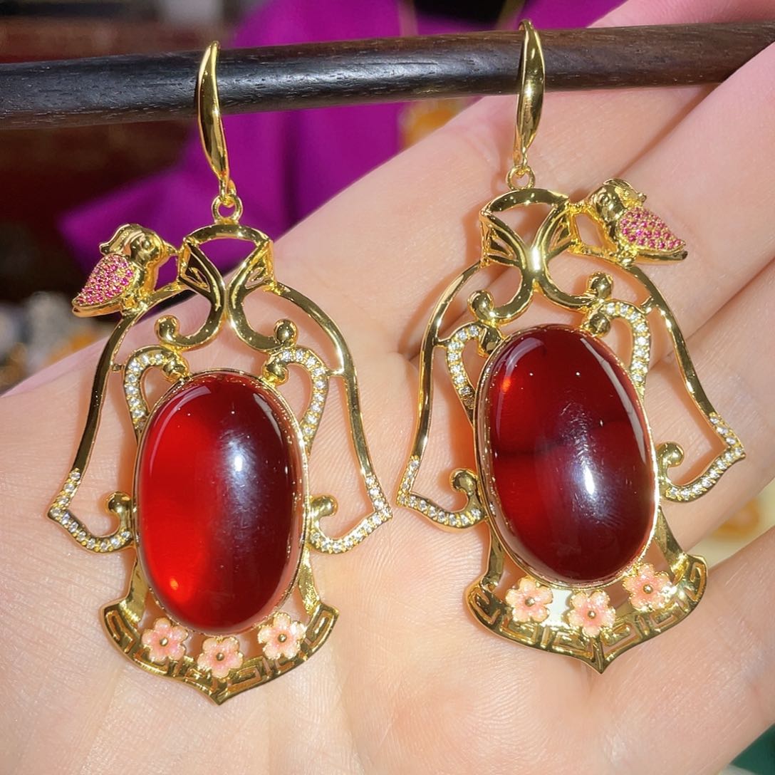 琥珀耳环银S925镀金镶嵌