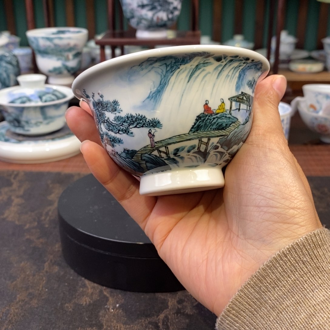 手工陶瓷柴窑青绿山水压手杯