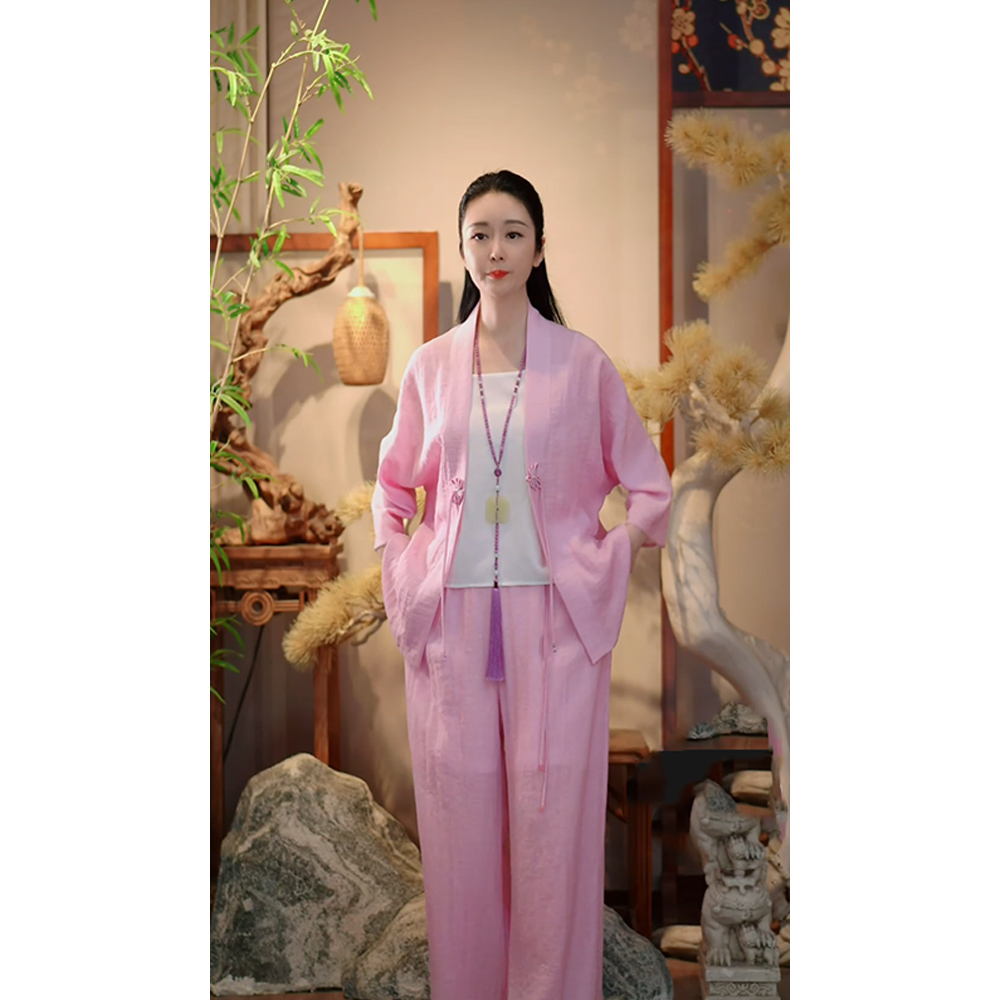 【如初见】夏季纯色新中式盘扣日常休闲禅意宽松长款套装