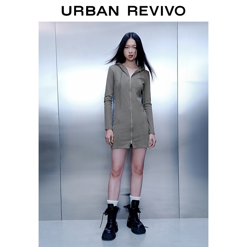 UR2025秋季新款女休闲运动连帽抽绳拉链修身连衣裙UYY750124+