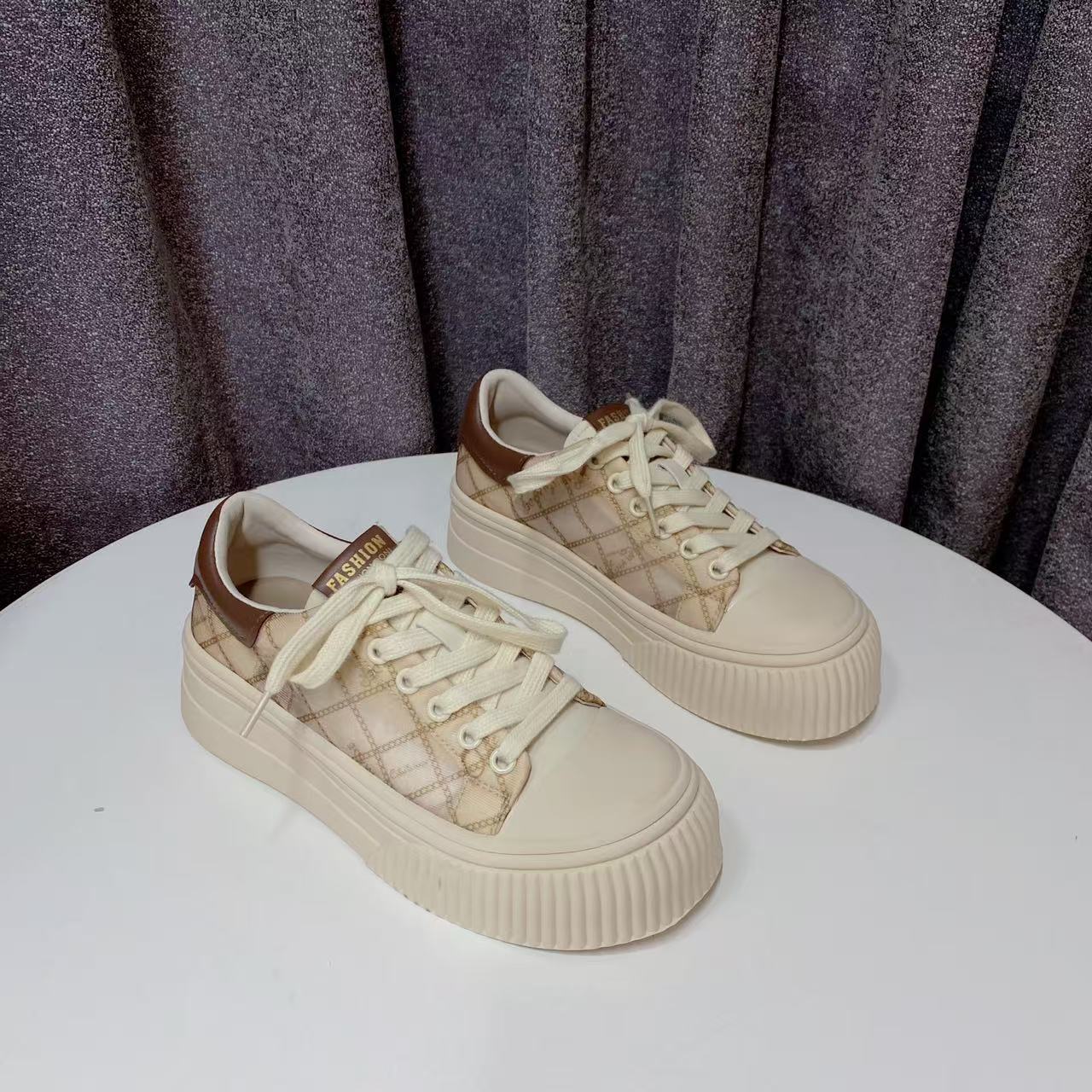 C3477 咖啡  夏季时尚厚底系带运动休闲板鞋 