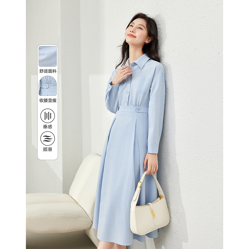 D法式高级感衬衫领连衣裙女2025新款收腰宽松气质裙M6112