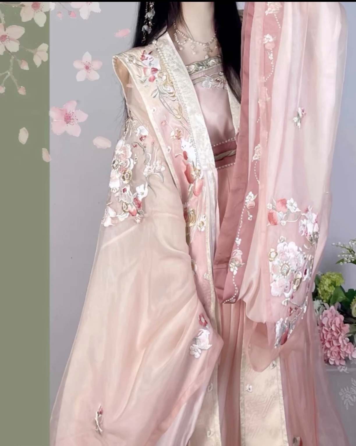 【桃仙】宋制汉服女绣花大袖衫吊带褶裙霞帔粉色绣花套装
