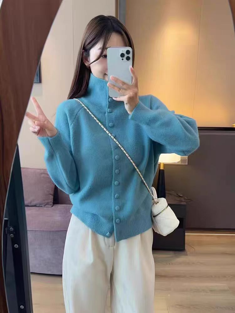 558#超好看高领软糯排扣毛衣外套女秋冬季加厚宽松慵懒风针织开衫